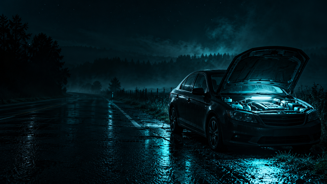 Car parked on a dark roadside at night with the hood open and the engine bay lit by a wide cyan-white light