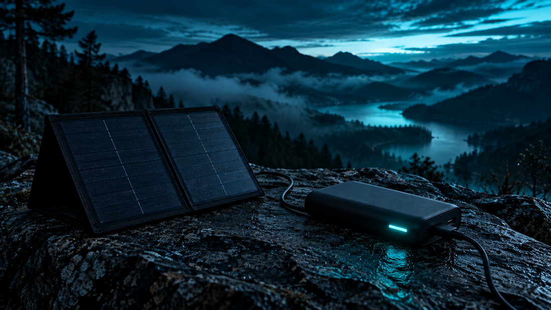Foldable solar panel and power bank on a rock at blue hour with a cyan indicator