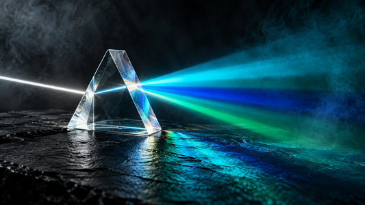 Glass prism splitting white light into cool cyan, teal and blue colors on black slate