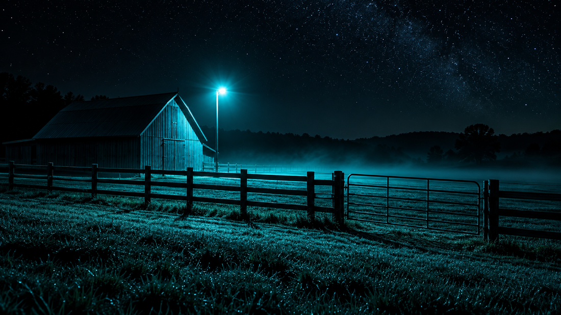 Dark pasture with a barn and fence line lit by a cyan yard light under stars
