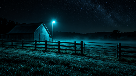 Dark pasture with a barn and fence line lit by a cyan yard light under stars