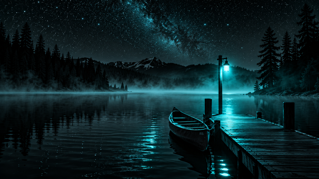 Calm night lake with an empty dock and canoe lit by a soft cyan lamp
