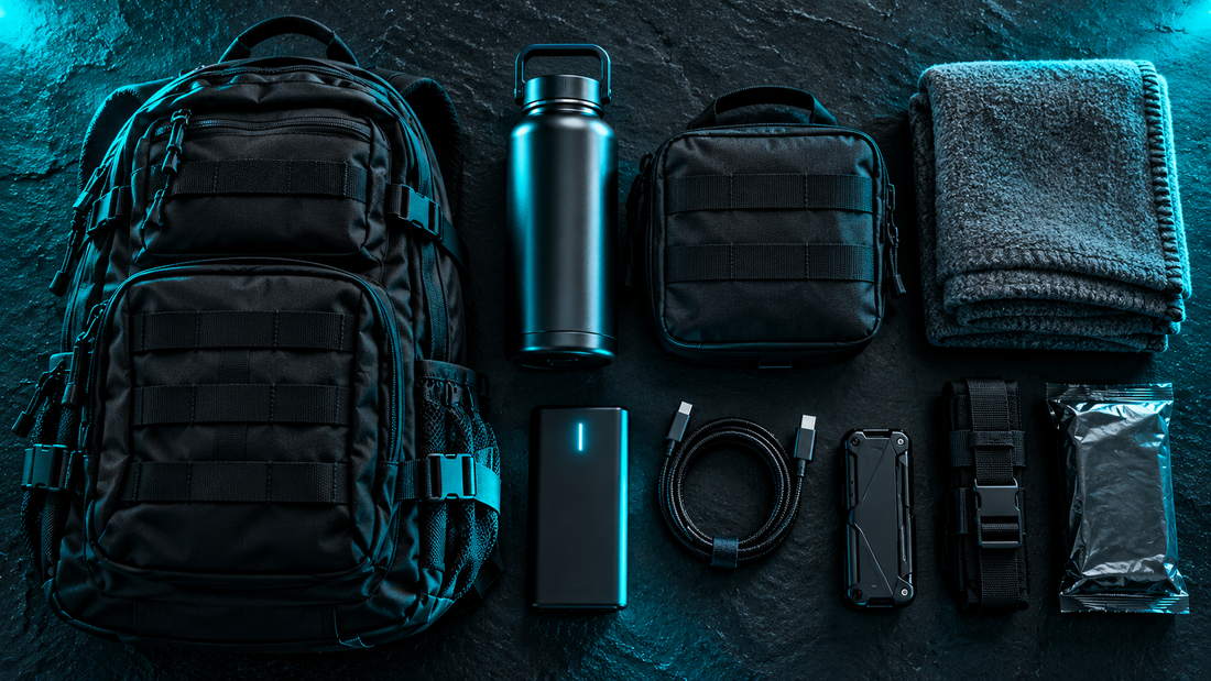 Flat lay of a go-bag with backpack, water bottle, pouch, power bank and cable on dark slate