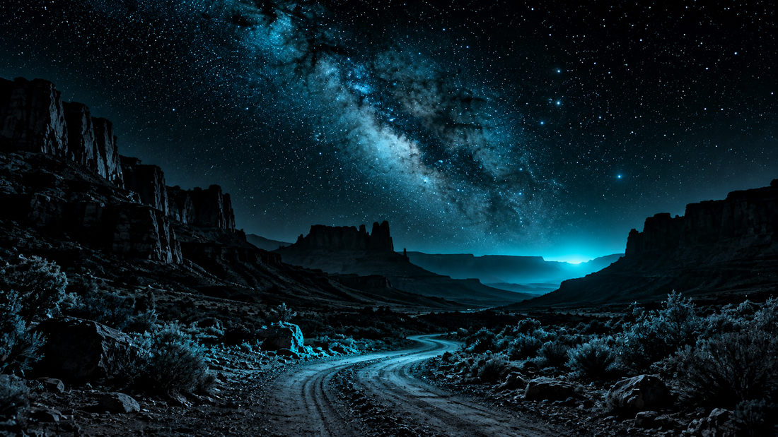 Remote desert track under the Milky Way with a cyan glow behind a distant ridge