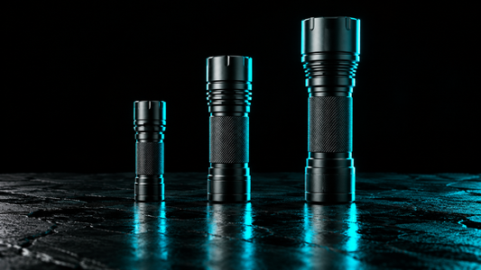 Three unbranded metal flashlight bodies in graduated sizes with cyan rim light