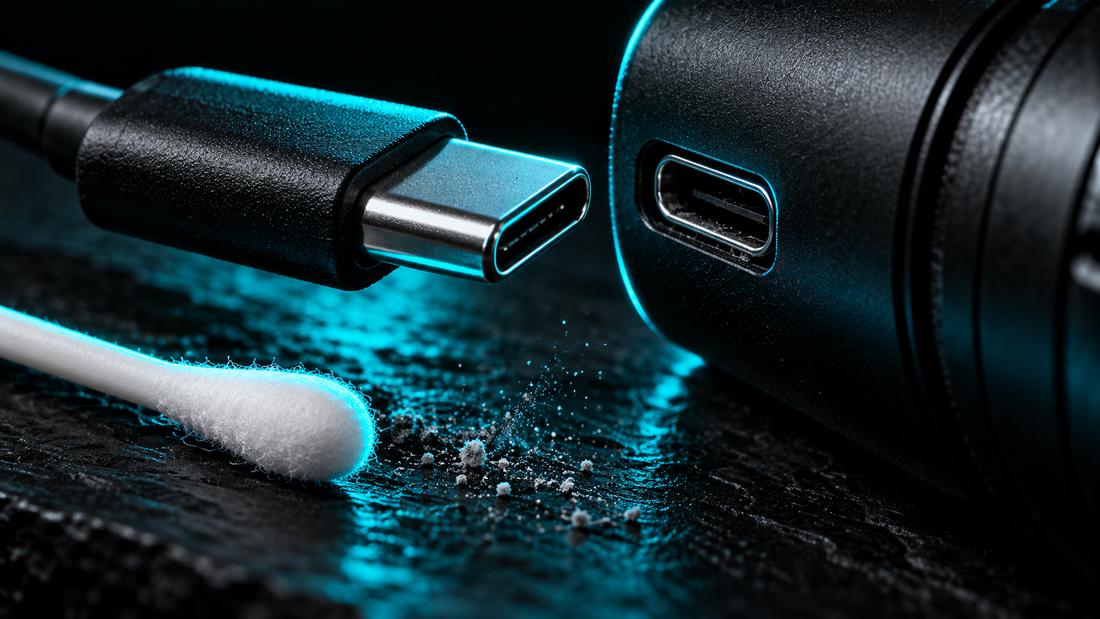 USB-C plug and port macro with a cotton swab and a cyan rim light