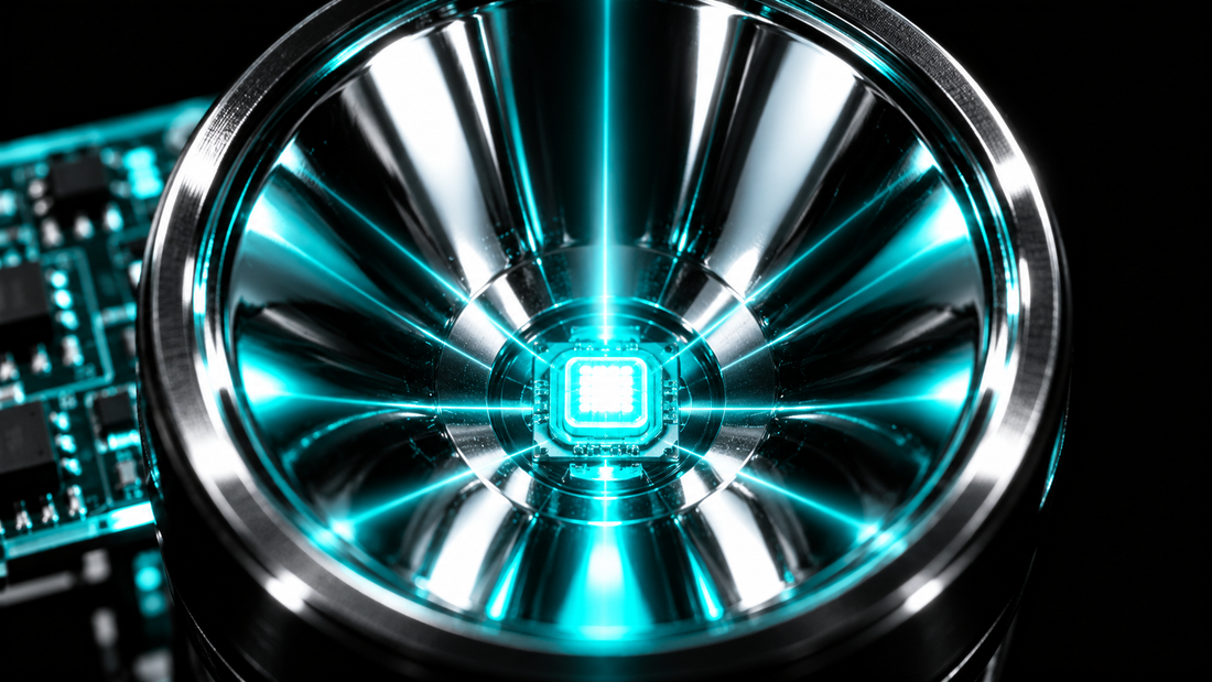 Macro of a glowing cyan LED chip inside a polished mirror reflector