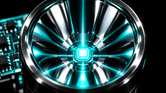 Macro of a glowing cyan LED chip inside a polished mirror reflector