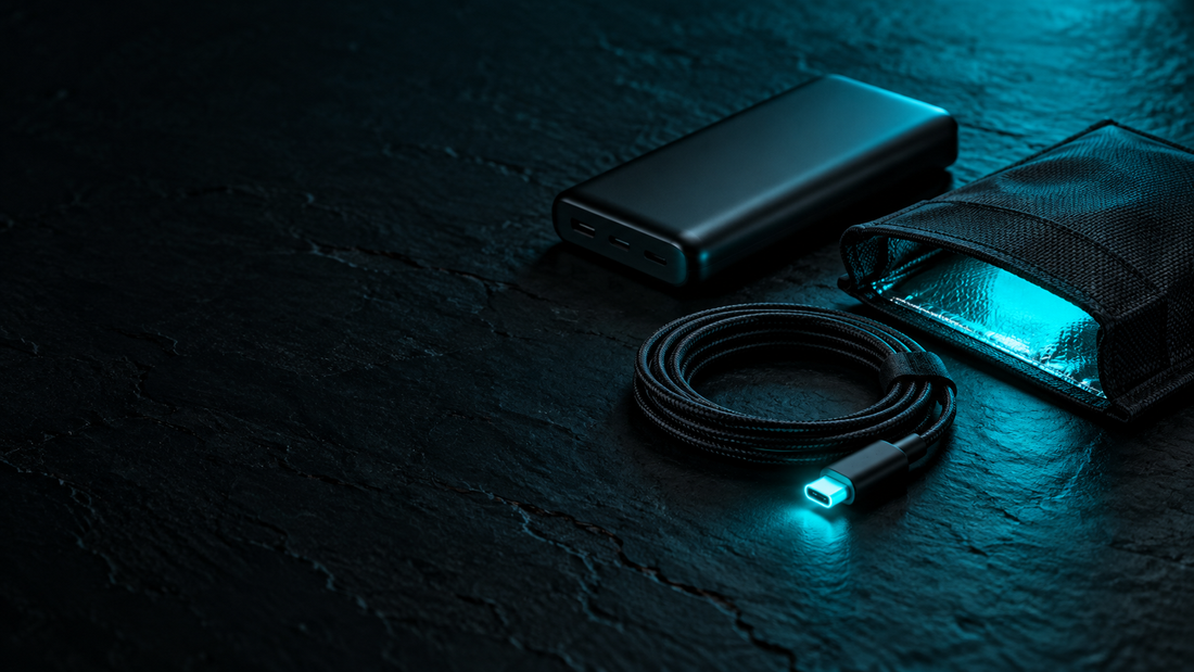 Dark slate surface with a glowing cyan USB-C charging cable, a plain power bank and an open charging pouch