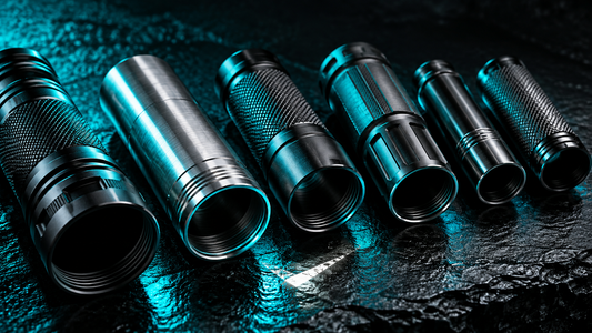 Row of unbranded metal flashlight bodies on black slate with cyan rim light