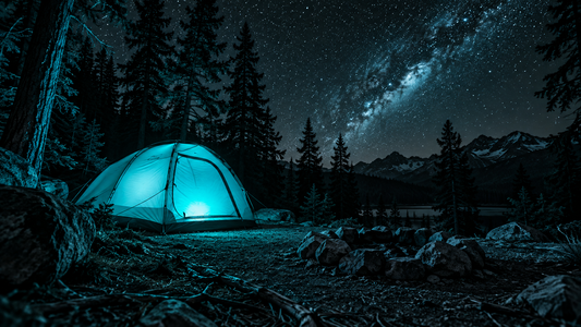 Dark forest campsite at night with a tent glowing cyan under a starry sky