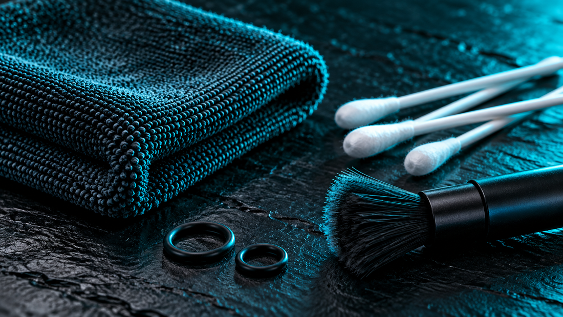 Folded microfiber cloth, cotton swabs, soft brush and rubber O-rings on a black slate surface with cyan rim light
