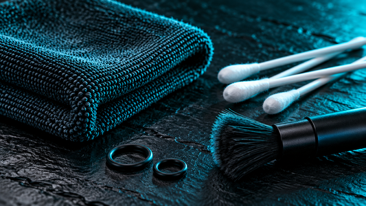 Folded microfiber cloth, cotton swabs, soft brush and rubber O-rings on a black slate surface with cyan rim light