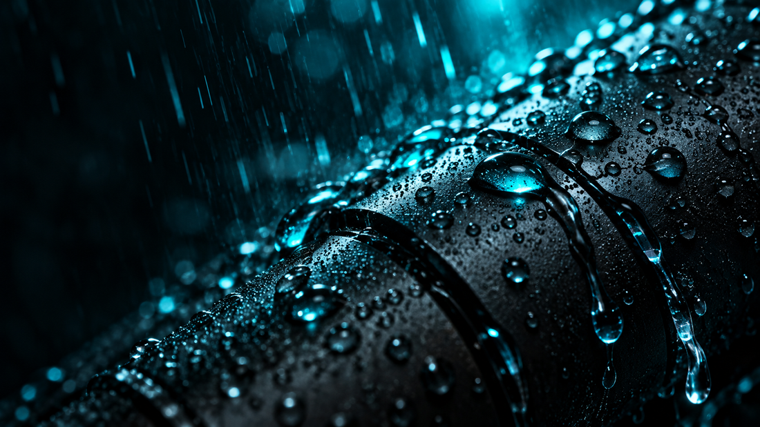 Water droplets beading on dark anodized aluminum in heavy rain with cyan backlight