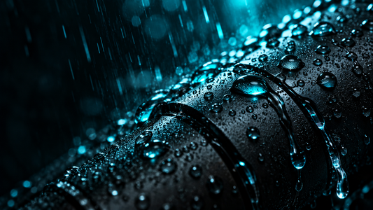 Water droplets beading on dark anodized aluminum in heavy rain with cyan backlight