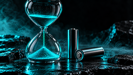 Hourglass with glowing cyan sand beside two battery cells on black slate