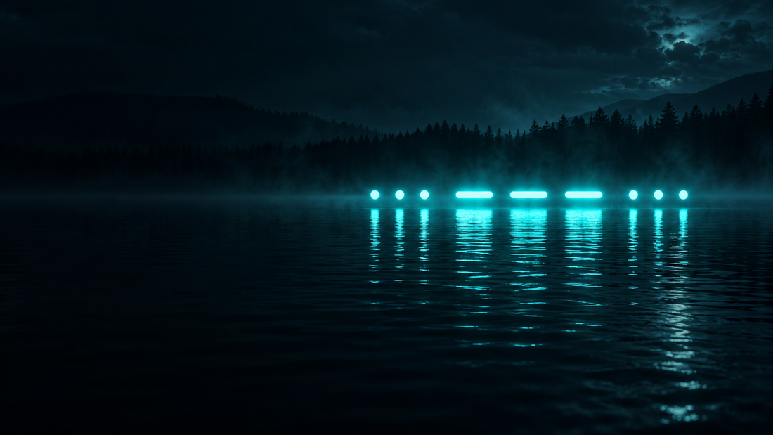 Cyan light marks on black water forming an SOS signal pattern of three short, three long and three short flashes