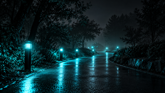 Empty park path at night with cyan bollard lights and mist