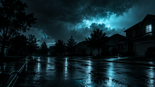Dark neighborhood during a storm blackout with cyan lightning glow behind clouds