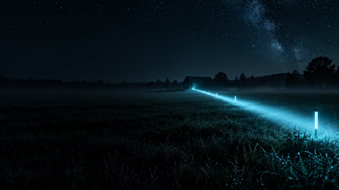 A narrow cyan beam crossing a dark field to a distant barn with glowing distance posts