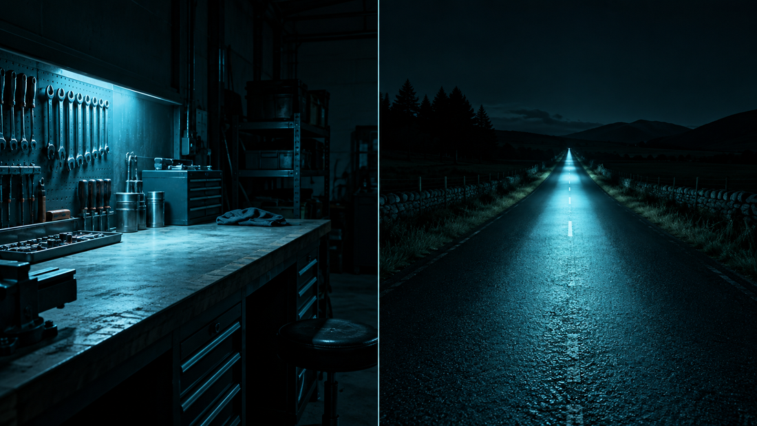 Split scene: a workshop bench lit by a wide cyan glow and a dark road with a narrow long beam