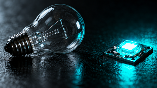 Unlit vintage glass bulb beside a tiny LED chip glowing vivid cyan on a black surface