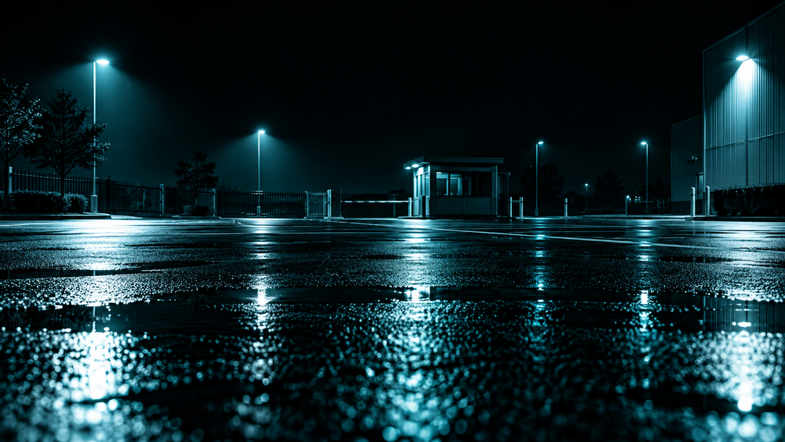 Empty industrial parking lot at night with wet asphalt and pools of cool cyan light