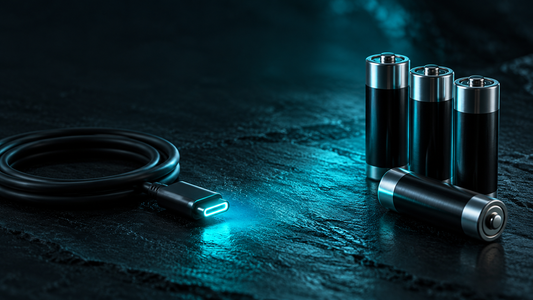 Coiled USB-C cable with a glowing cyan tip next to AA batteries on a dark slate surface