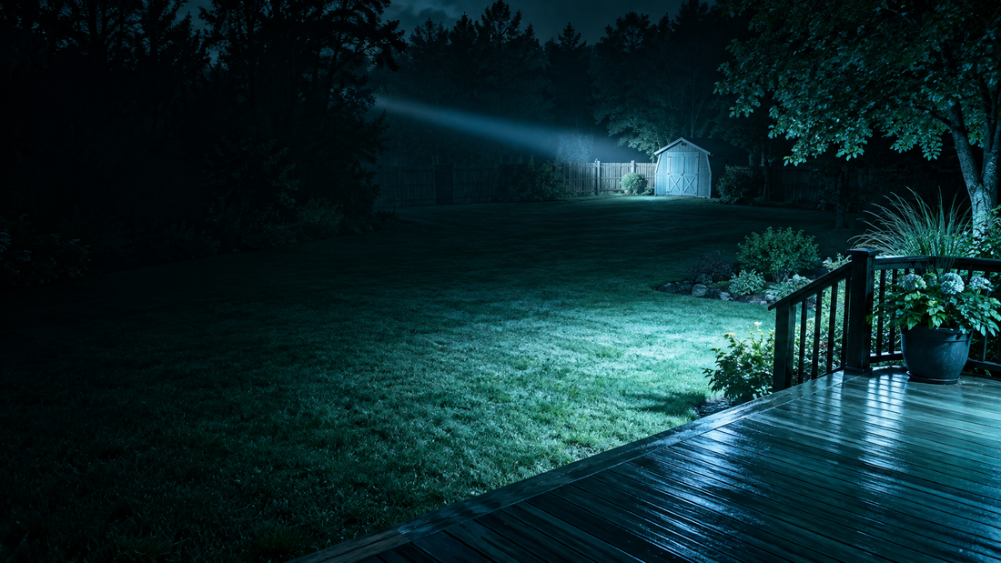 Dark backyard at night lit by a narrow long-range spotlight beam and a wide flood beam in cyan light