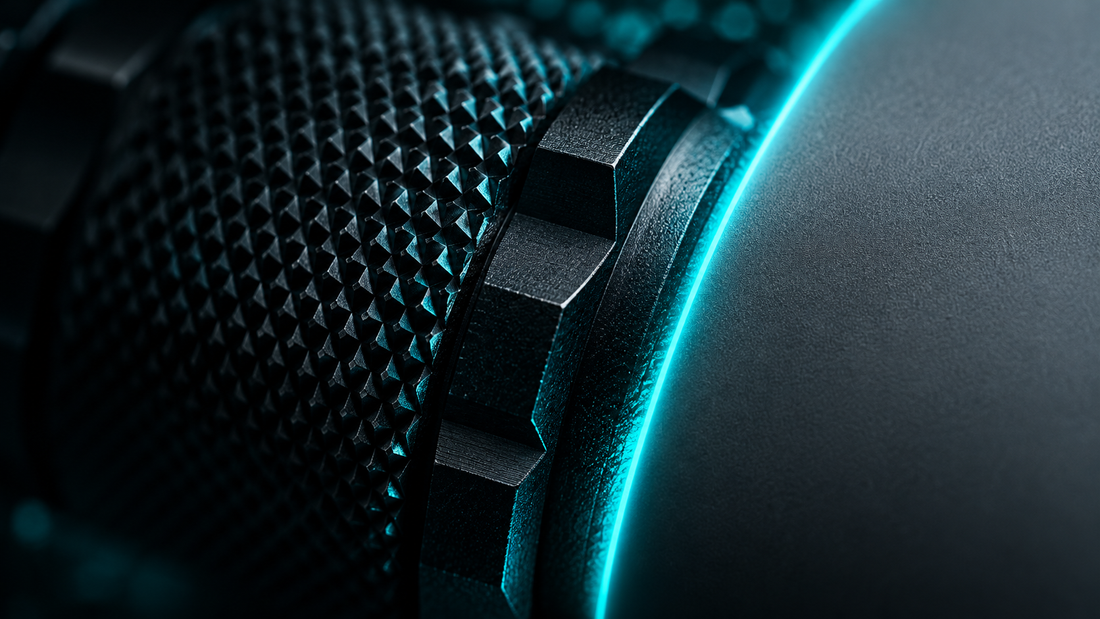 Macro of knurled black anodized aluminum with a glowing cyan edge line