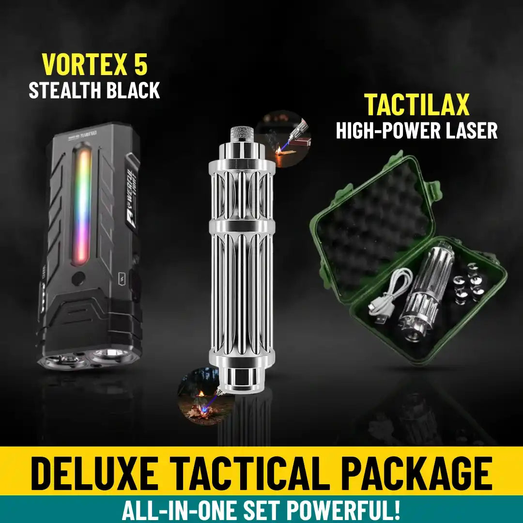 Vortex 5 Stealth Black and Tactilax High-Power Laser with packaging on a dark background